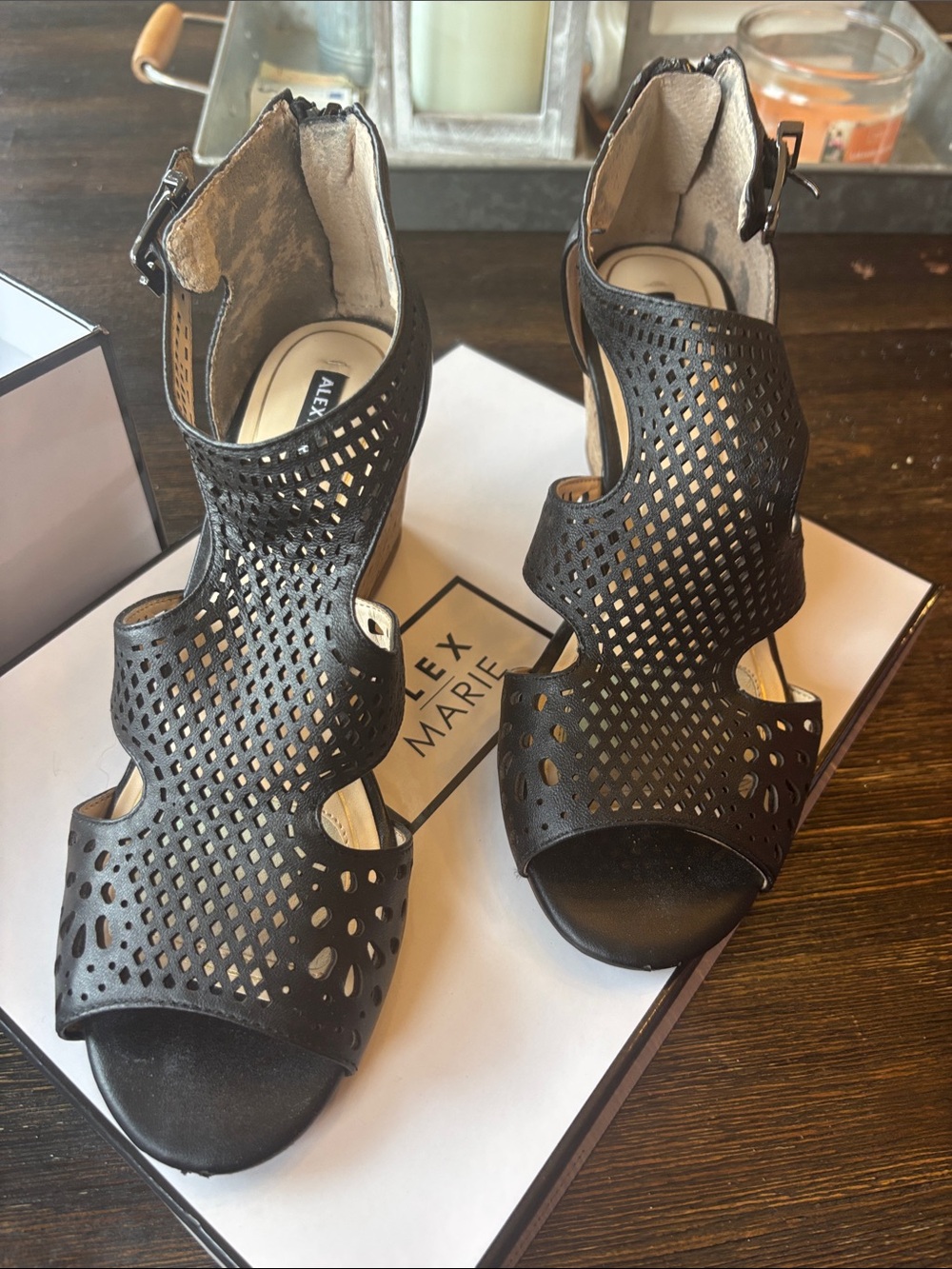 Alex Marie Black Laser-Cut Open-Toe Block Heel Sandals